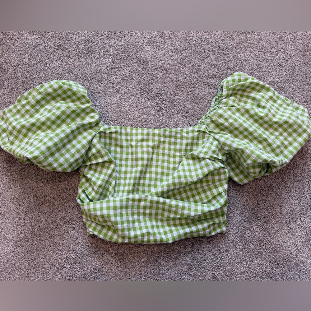 Green Gingham Puff Sleeve Crop Top- Size Large
